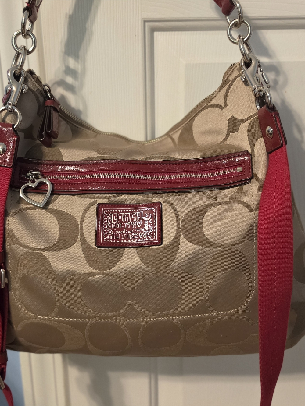 Coach Tan Signature Canvas Shoulder Bag with Red Accents